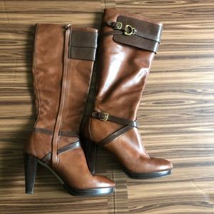 Brown and Cognac Cole Haan riding boots with gold buckles